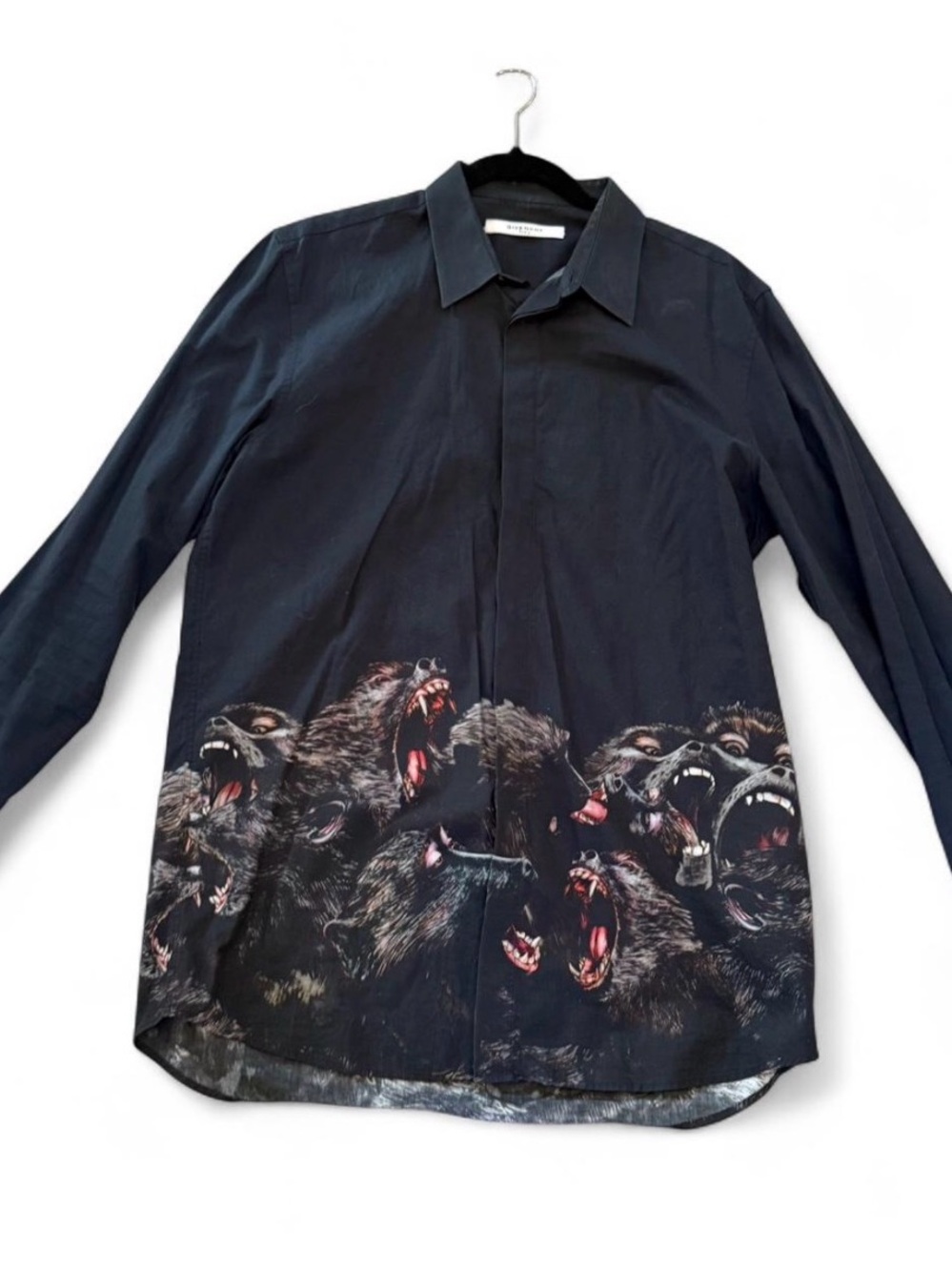 Givenchy Black Long-Sleeve Shirt with Wolf Pack Graphic